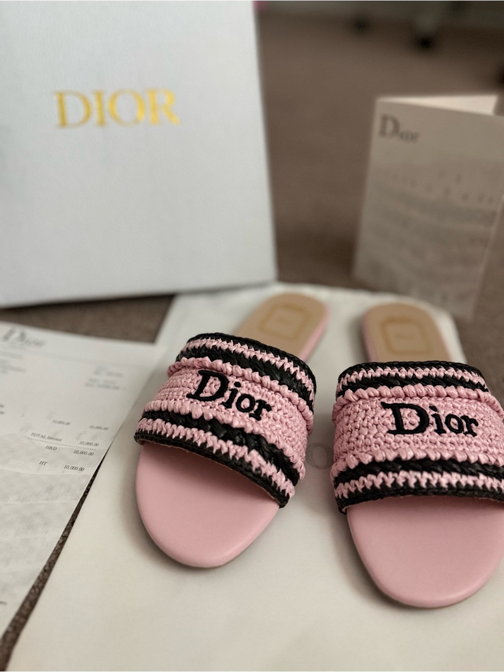 Dior Pink and Black Crochet Slide Sandals